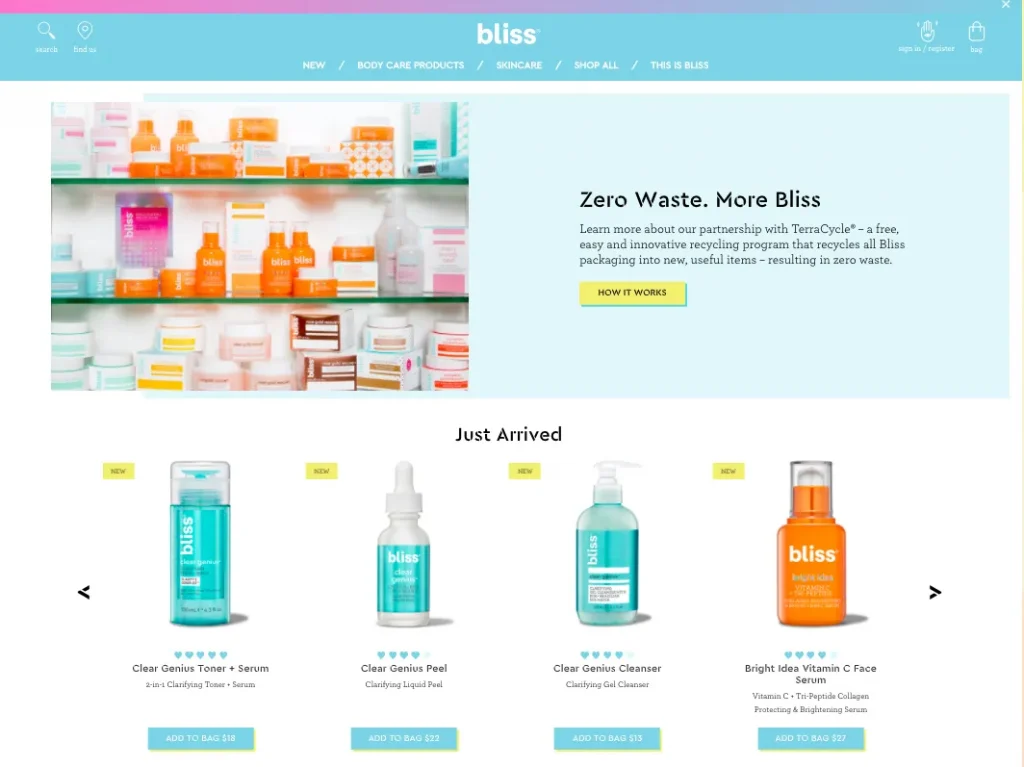 Ecommerce website design example - Bliss