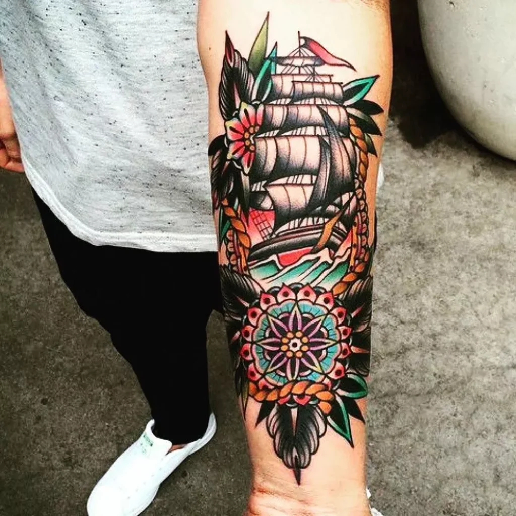 same arm mixing tattoo styles 