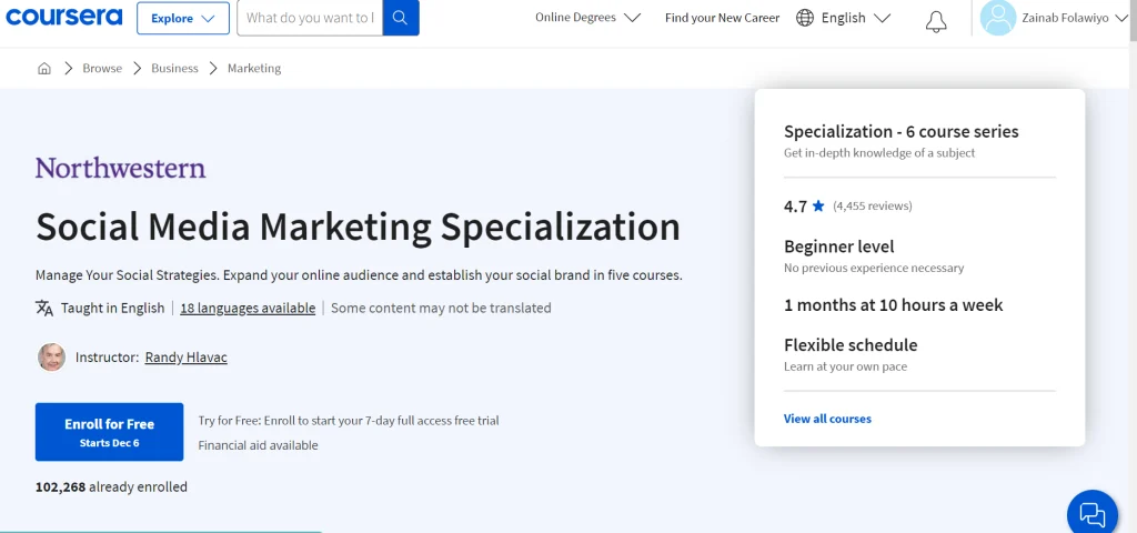 Social Media Marketing Specialization by Northwestern University